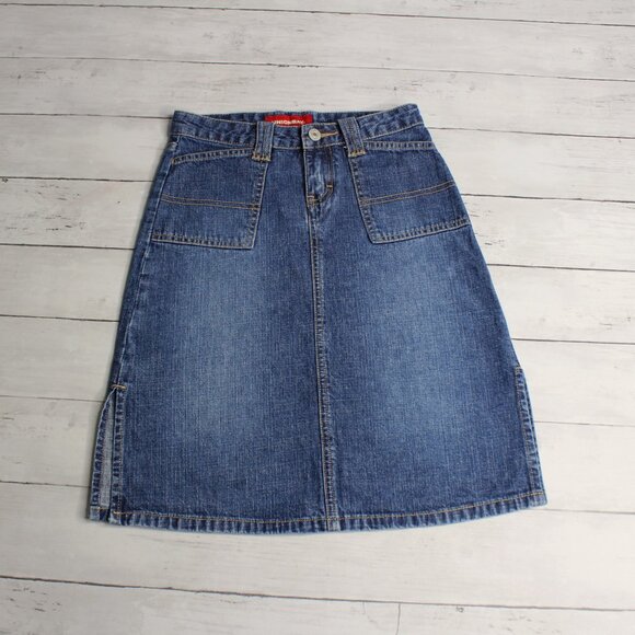 Vintage Union Bay Denim Blue Jean Midi Skirt Girl's Size 7 Utility Pockets - Picture 1 of 6